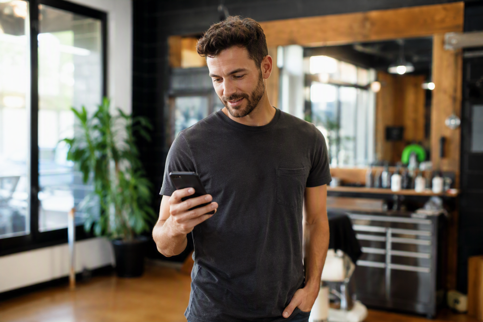 A business owner casually checking their phone while JAR runs in the background