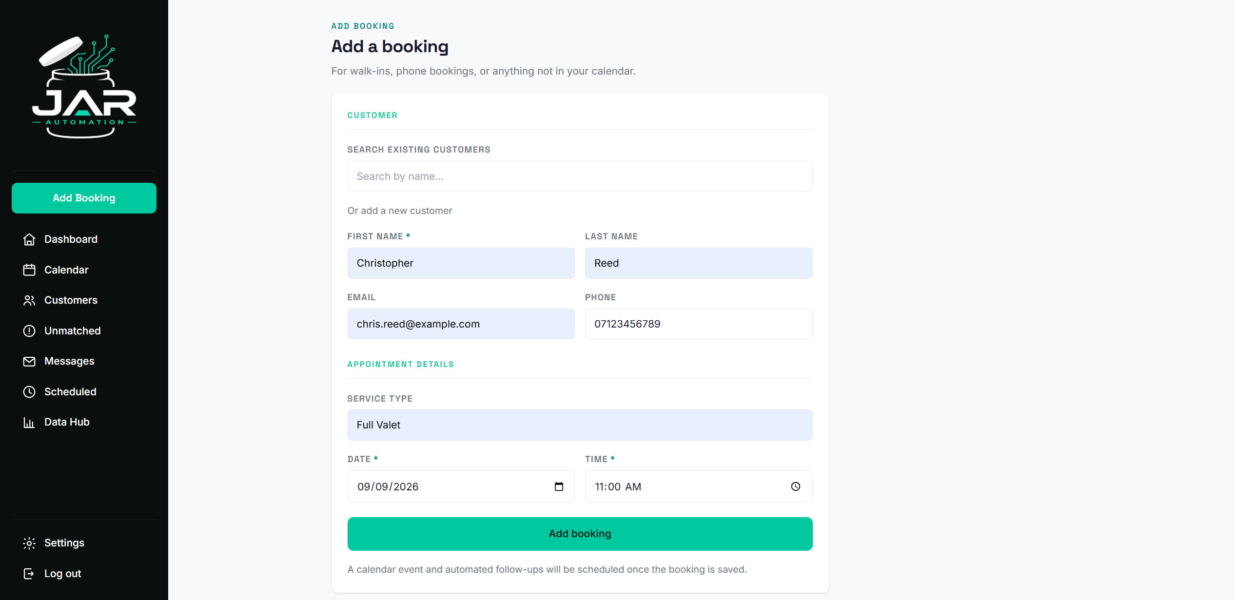 The Add Booking form in the JAR portal, filled in with a customer's name, service, date and time