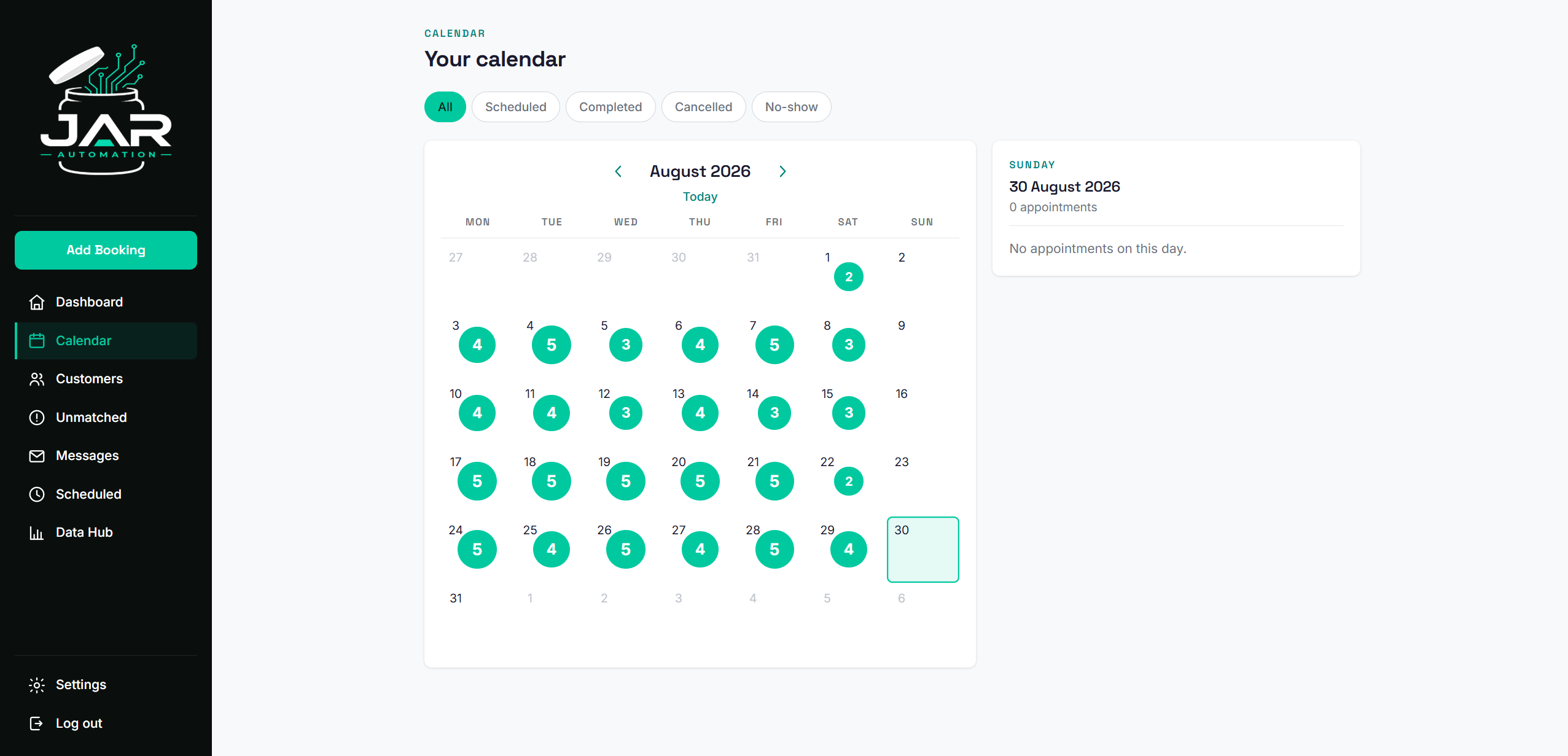 The JAR portal calendar showing a month of appointments with status markers on each booked day