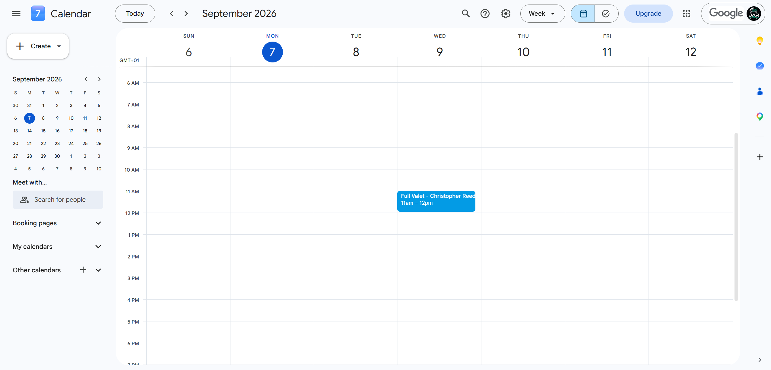 A Google Calendar week view showing the booking JAR pushed across, Full Valet with Christopher Reed, from 11am to 12pm