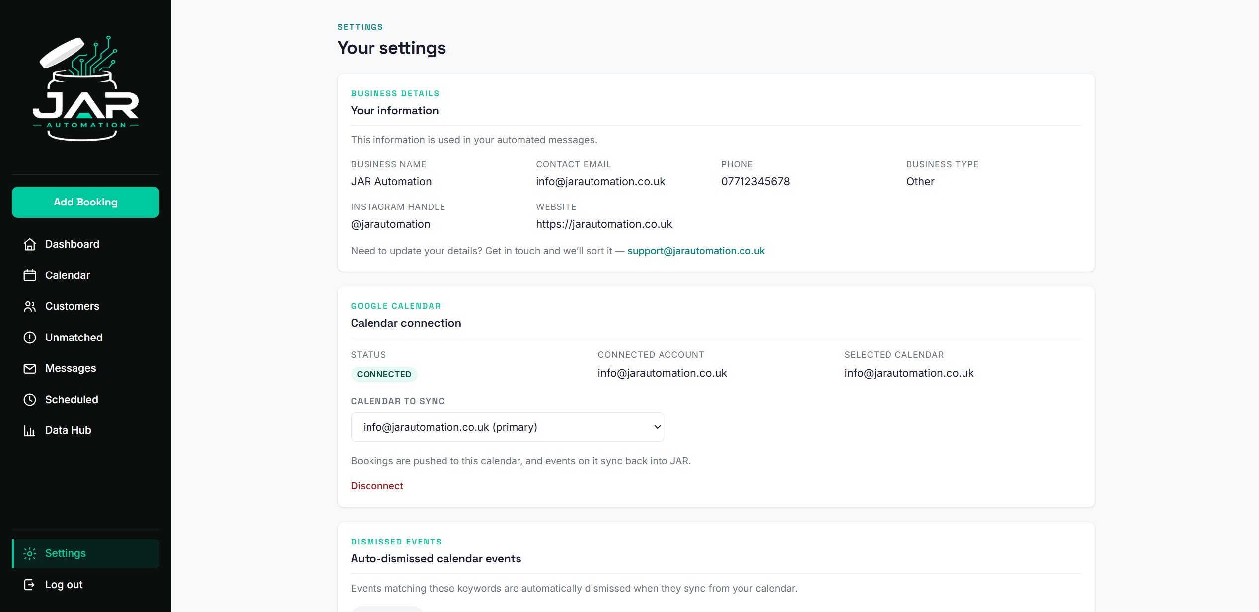 The JAR portal settings page showing a connected Google Calendar account