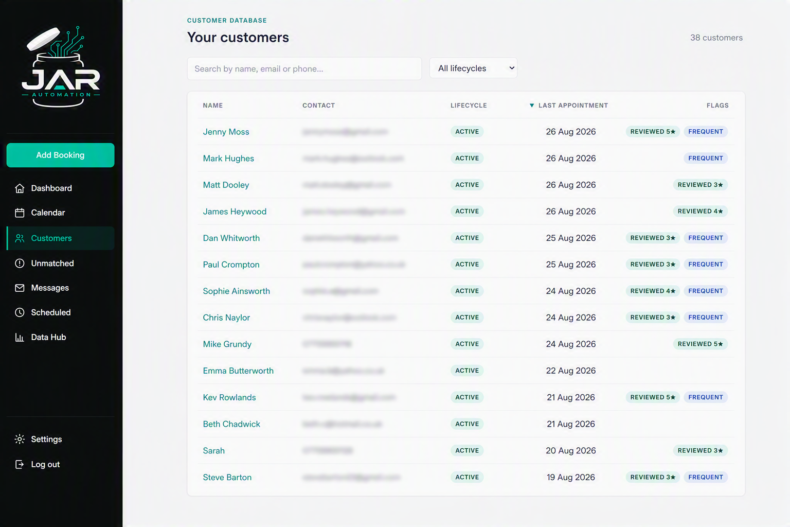 The JAR portal customer list showing names, contact details and lifecycle status for each customer