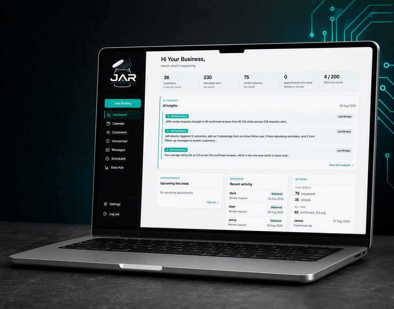 The JAR portal dashboard shown on a laptop